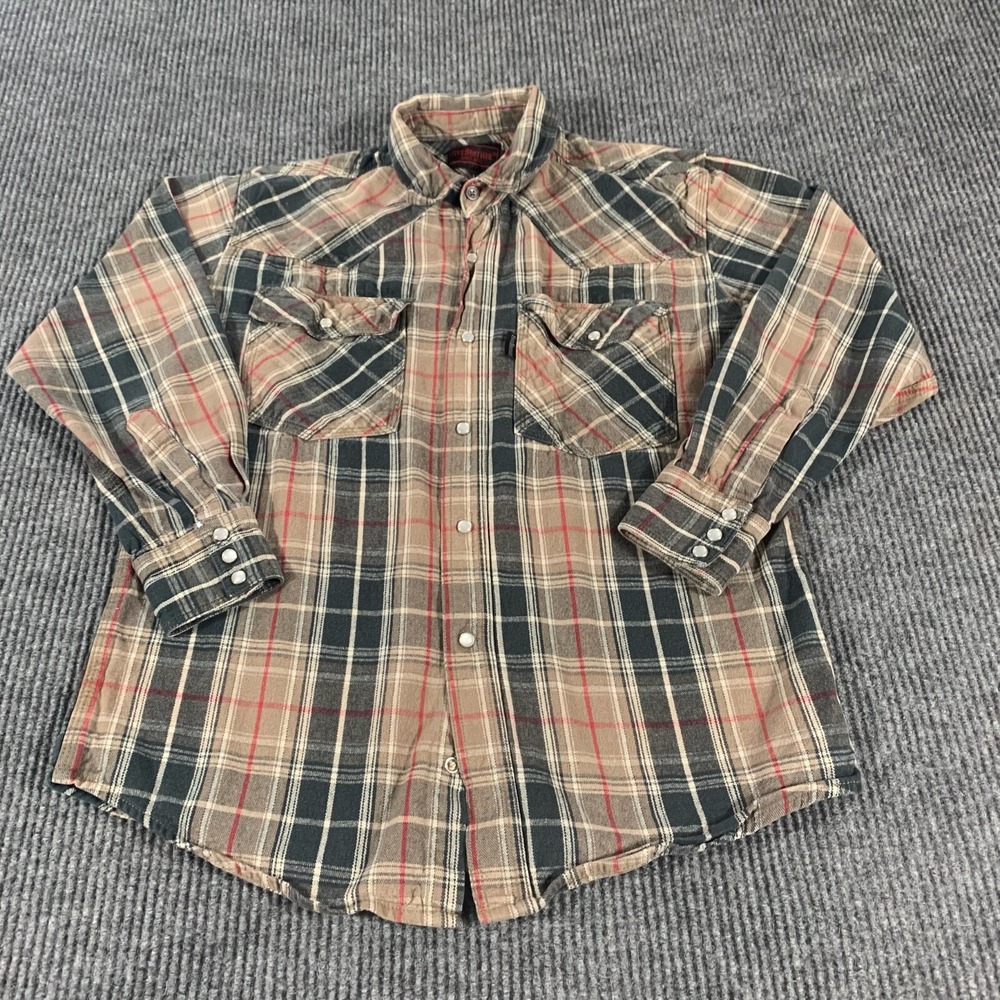 VTG Five Brothers Shirt Mens Medium Brown Plaid‎ Pearl Snap Heavyweight Western